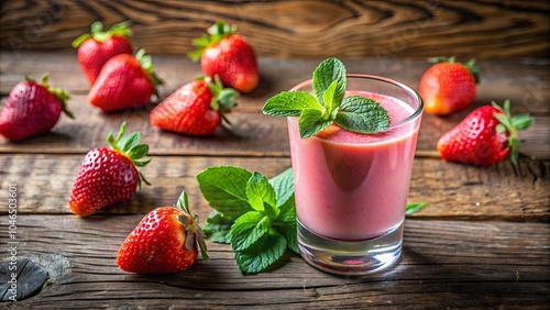 A refreshing strawberry smoothie, a delightful summer drink, is garnished with fresh mint leaves, surrounded by ripe strawberries on a rustic wooden table.