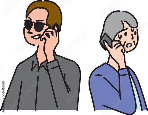 お年寄り（高齢者）を狙った詐欺電話で困っているおばあさんと犯人
