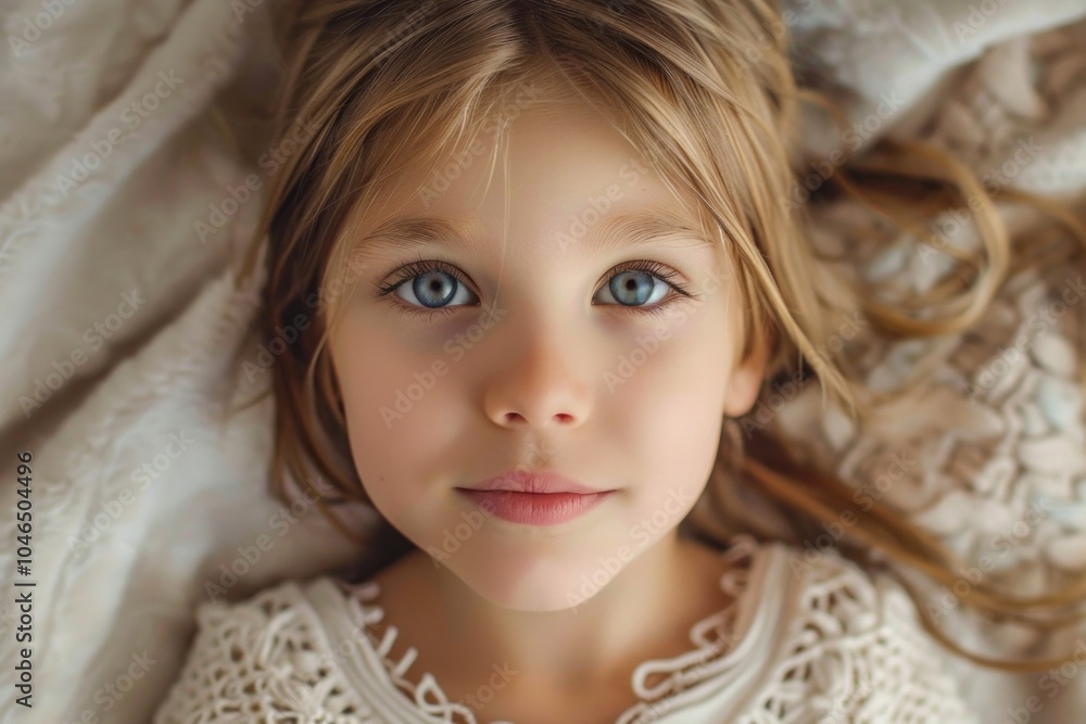 Innocent gaze of a young girl in a flat lay composition. Innocent gaze of a young girl in a flat lay composition.