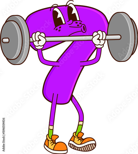 Math number seven groovy character on fitness. Mathematics digit 7 childish isolated cartoon vector personage, school math number or kids education numeric symbol groovy character lifting barbell