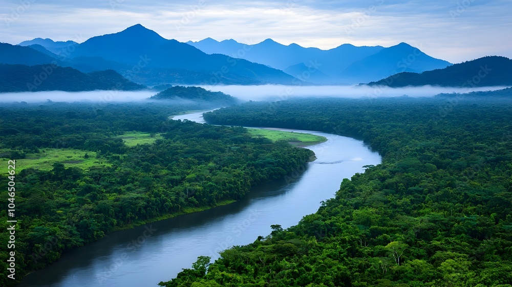 Misty Morning in Lush Valley with Flowing River and Distant Mountains Misty Morning in Lush Valley with Flowing River and Distant Mountains