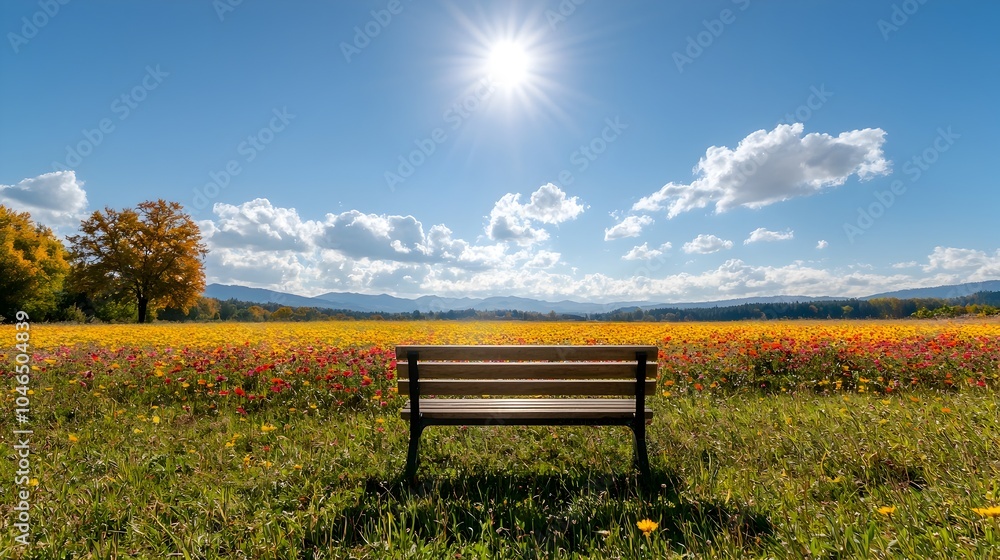 Vibrant Wildflower Field Under Sunny Blue Sky with Fluffy Clouds Vibrant Wildflower Field Under Sunny Blue Sky with Fluffy Clouds