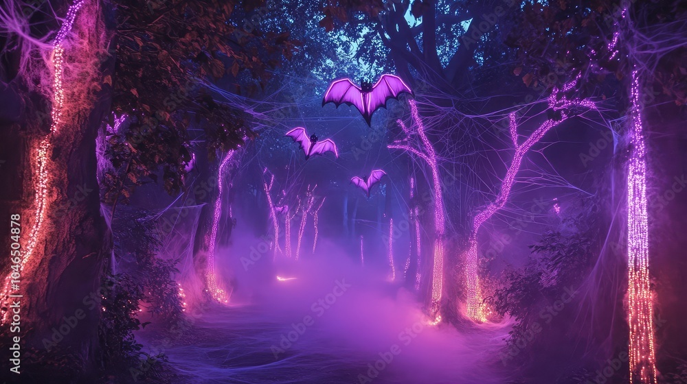 Obraz premium A haunted forest art installation with massive, glowing neon bats, cobweb-covered trees, and fog swirling around the ground
