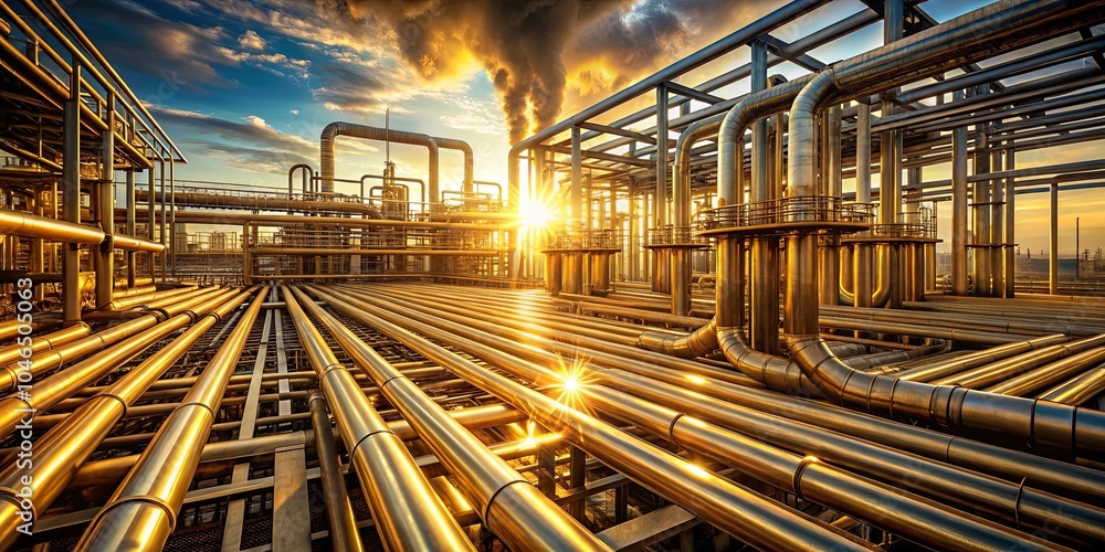 A panoramic view of an industrial complex at sunset, showcasing a vast network of interconnected pipes and structures, bathed in warm, golden light. A panoramic view of an industrial complex at sunset, showcasing a vast network of interconnected pipes and structures, bathed in warm, golden light.