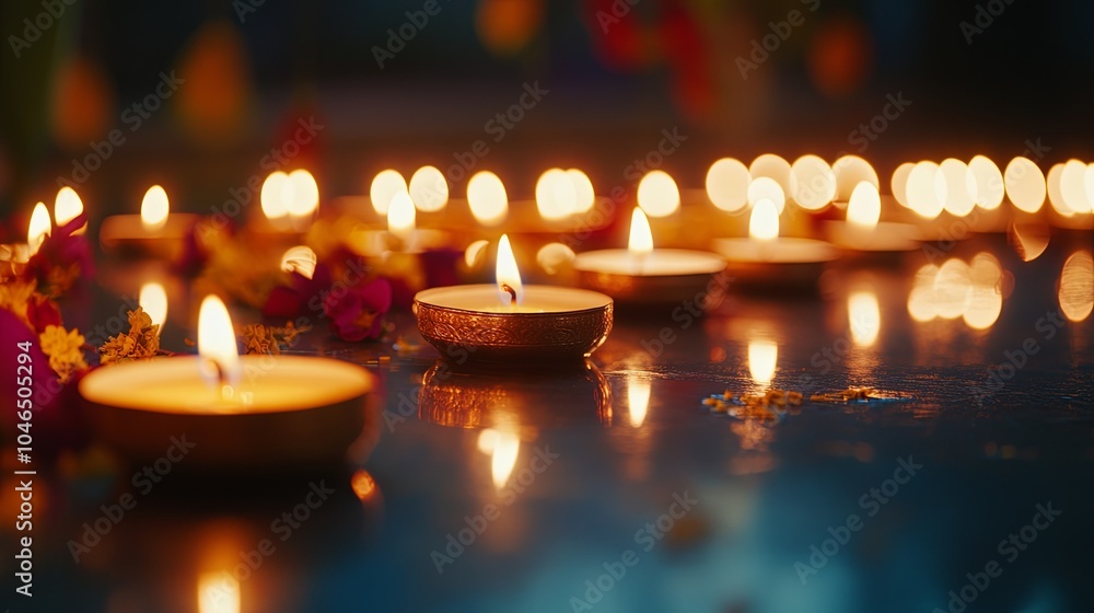 Warm glow of floating candles with floral accents Warm glow of floating candles with floral accents