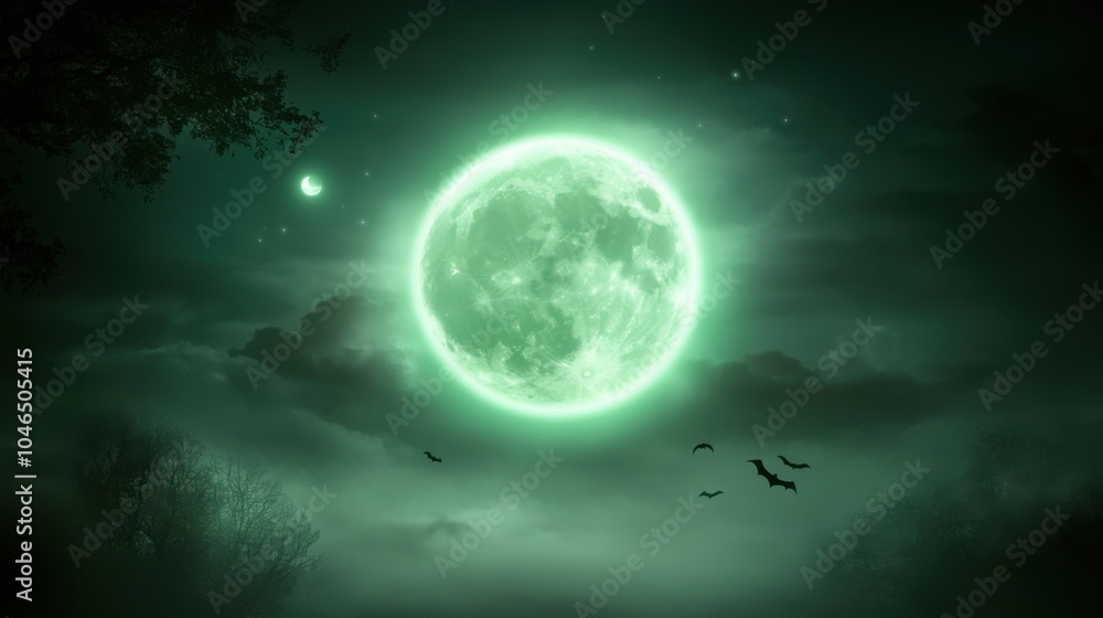 A hauntingly beautiful full moon glows green amidst dark clouds, creating a spooky and mystical atmosphere. A hauntingly beautiful full moon glows green amidst dark clouds, creating a spooky and mystical atmosphere.