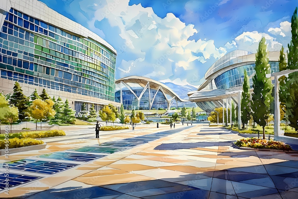 Fototapeta premium Futuristic Buildings with Solar Panels in a Vibrant Landscape