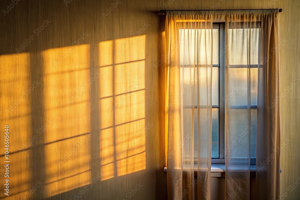 Shadow of window on wall with curtain in morning Shadow of window on wall with curtain in morning