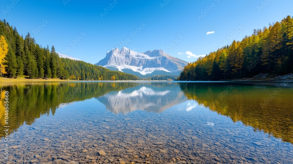 Obraz premium Crystal Clear Lake Surrounded by Tall Pine Trees and Reflected Mountains