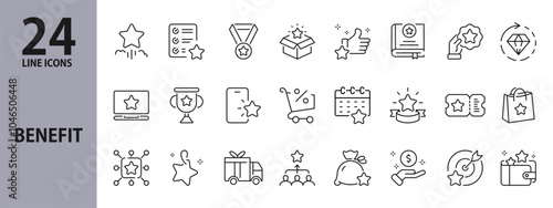 Benefit line icons set with Present, Coupon, Reward, Profit, Star, Gift, Wallet and more. Editable Stroke