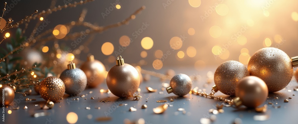 Fototapeta premium Three gold and blue Christmas ornaments on a blue background. The gold ornaments are larger than the blue ones