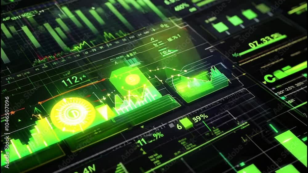 Green Illuminated Stock Market Data Display on a Digital Screen