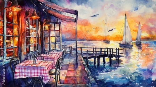 A watercolor painting of a charming seaside café