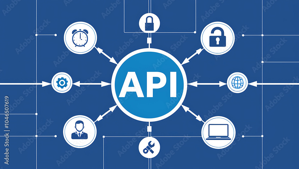 network diagram of 'API', API icons, Digital network, Blue background network diagram of 'API', API icons, Digital network, Blue background