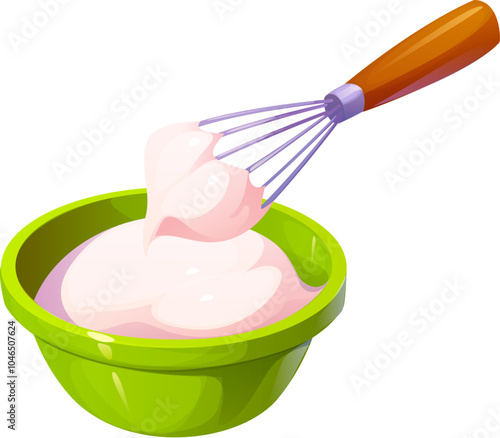 Cream whipping with whisk for food cooking process and preparation, vector icon. Manual whisking cream with whisk in bowl, bakery kitchenware or patisserie utensil appliance for pastry preparation