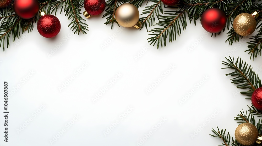 Pine Branches with Festive Red and Gold Christmas Ornaments Border Pine Branches with Festive Red and Gold Christmas Ornaments Border