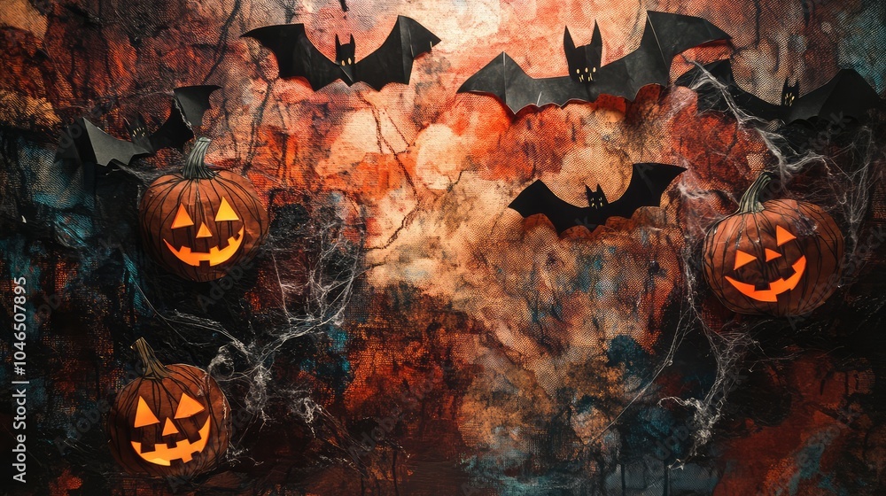 A layered collage of paper cutout jack-o'-lanterns, fabric cobwebs, and painted bats on a textured canvas, glowing under soft lighting