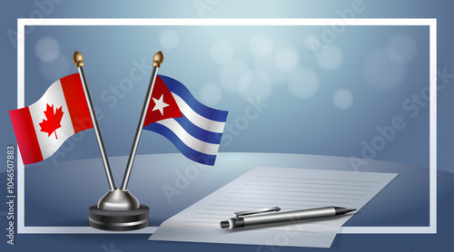 Canada and Cuba Small national flag on bokeh background, cooperative relationship
