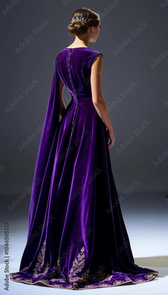 A sophisticated woman showcases a regal purple velvet gown adorned with intricate embroidery. The elegant drape and exquisite design highlight timeless fashion and graceful poise.

