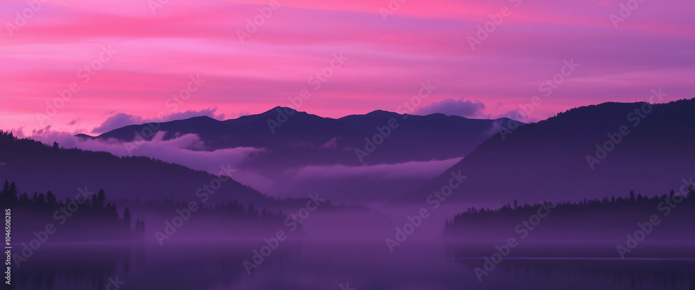 Obraz premium A breathtaking view of mountains silhouetted against a vibrant pink sunset sky, with misty fog rolling over a tranquil lake below, creating a peaceful and enchanting scene.