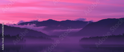 A breathtaking view of mountains silhouetted against a vibrant pink sunset sky, with misty fog rolling over a tranquil lake below, creating a peaceful and enchanting scene.