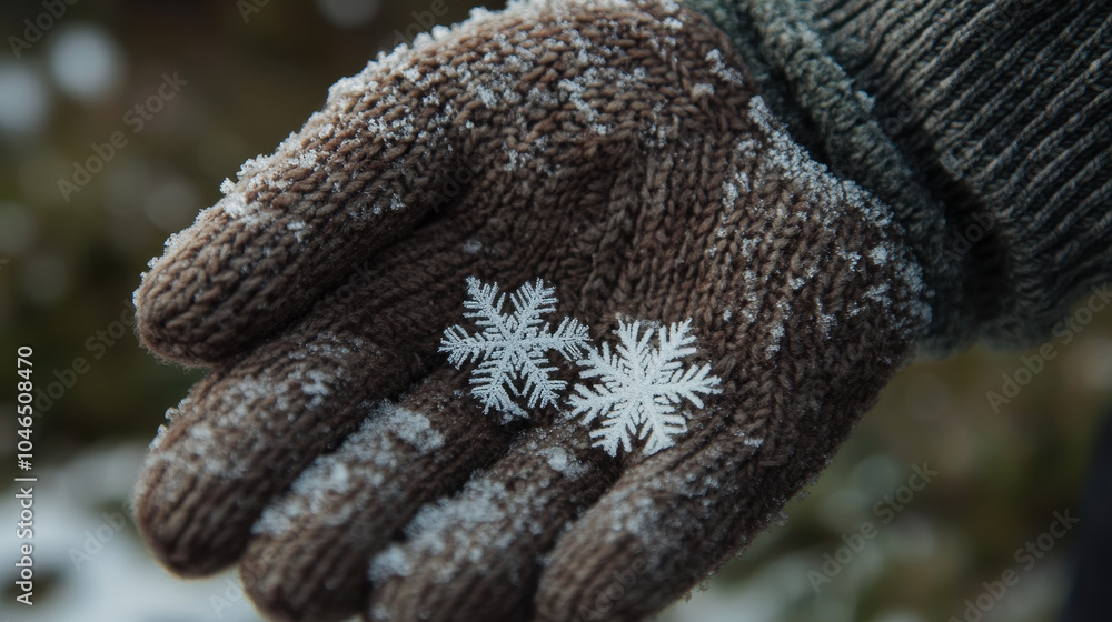 Obraz premium Snowflakes gently landing on gloved hand, showcasing winters beauty
