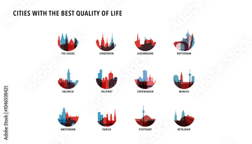 World best quality of life cities logos, icons for infographics, index, presentation, ranking - The Hague, Eindhoven, Luxembourg, Rotterdam, Valencia, Helsinki, Copenhagen, Munich, Zurich