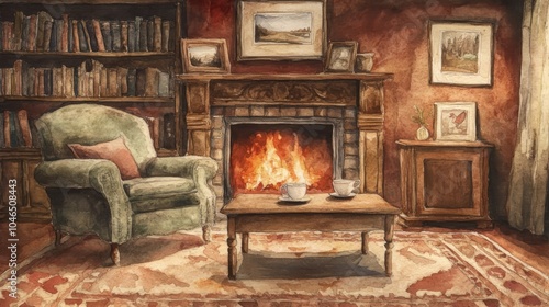 A watercolor painting of a cozy living room