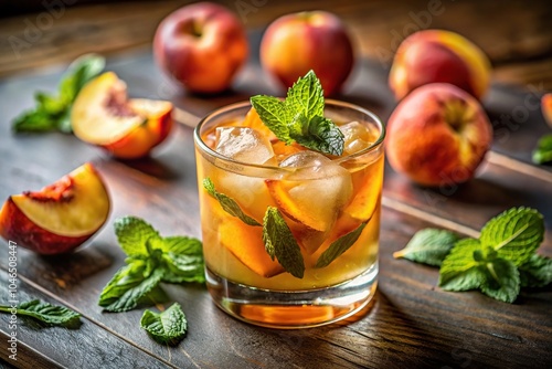 Refreshing peach bourbon smash cocktail with ice cube and mint in a glass