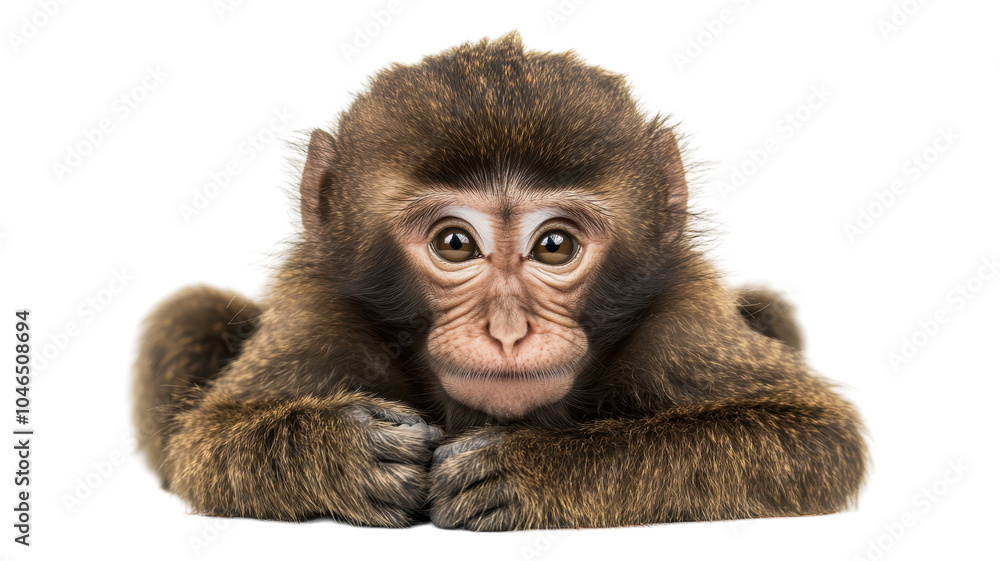 Obraz premium Curious monkey resting with big eyes on a neutral background during a calm moment in nature.