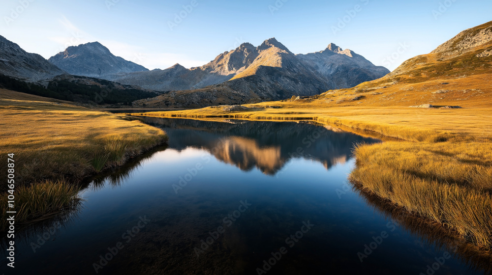 Naklejka premium Tranquil mountain landscape with a reflective lake and golden grass under clear blue sky at sunset