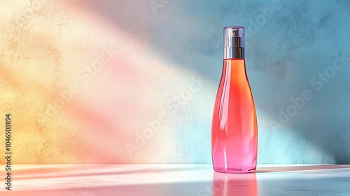 Wallpaper Mural Pink Perfume Bottle in Warm Light: A minimalist, elegant still life featuring a pink glass perfume bottle bathed in warm, natural light. Torontodigital.ca