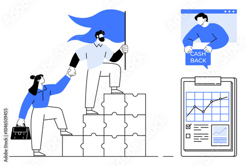 Simple vector illustration of a business person helping another climb puzzle steps with a flag. Another part shows a cash back reward and a graph on a clipboard. Ideal for teamwork, financial goals
