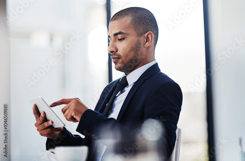 Man, tablet and typing in office for business, planning or update calendar in app in agency. Lawyer, tech or scroll in law firm for email contact, client communication or case research or preparation photo