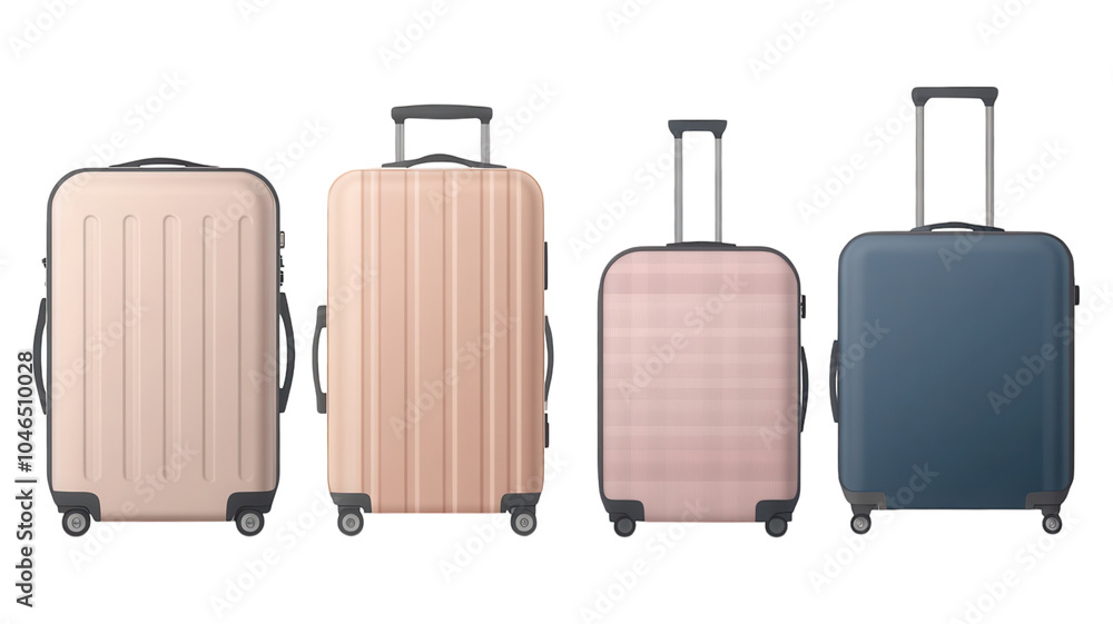 Four stylish suitcases in different colors on a transparent background ready for travel to various destinations. Four stylish suitcases in different colors on a transparent background ready for travel to various destinations.