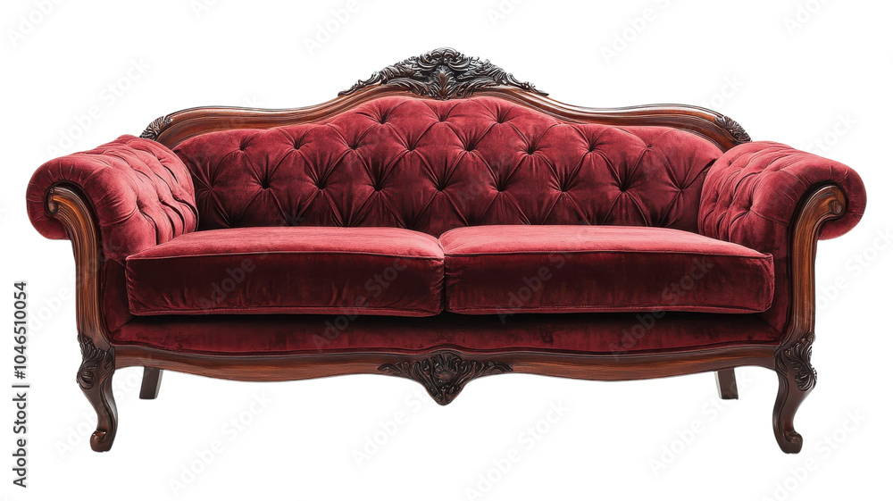 Fototapeta premium Elegant red velvet sofa with intricate wooden detailing, perfect for a vintage-inspired living room or home decor setting.