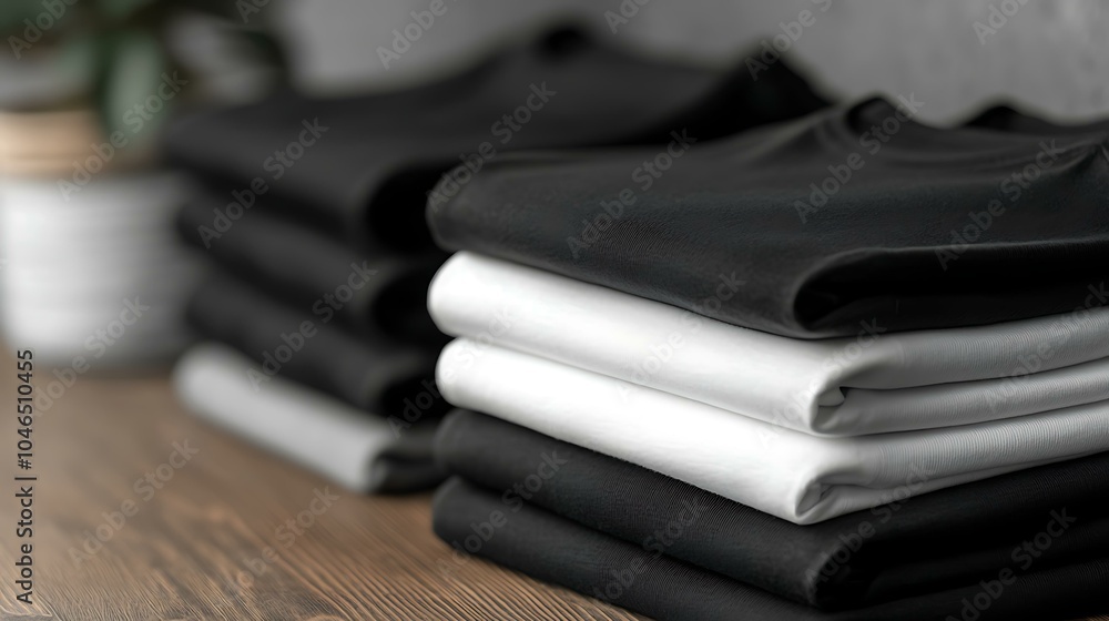 Folded square t-shirts in black and white, stacked and displayed in a clean mockup for fashion presentations Folded square t-shirts in black and white, stacked and displayed in a clean mockup for fashion presentations