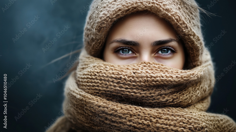 Close-up portrait of a person with expressive blue eyes, wearing a cozy brown knit scarf and hat, emphasizing warmth and winter fashion. Close-up portrait of a person with expressive blue eyes, wearing a cozy brown knit scarf and hat, emphasizing warmth and winter fashion.