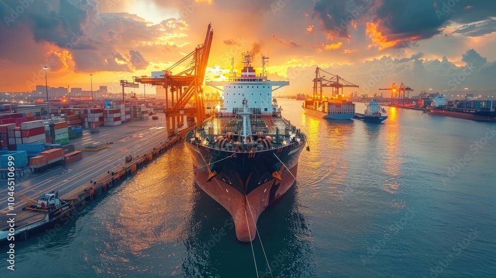 A cargo ship is being refueled at a vibrant port during a stunning sunset with dramatic colors. A cargo ship is being refueled at a vibrant port during a stunning sunset with dramatic colors.