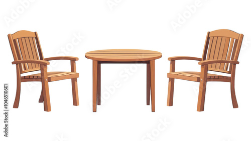 Wooden outdoor dining set featuring two chairs and a round table designed for relaxation in a garden setting.