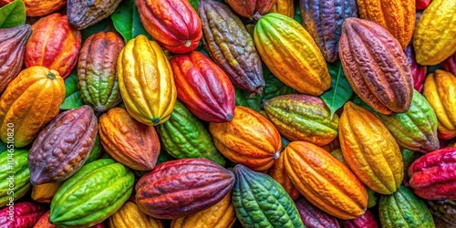 Panoramic bright colorful cacao plant pod background