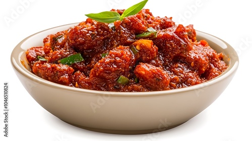 A vibrant red chili paste made from fermented chilis, with flecks of garlic and spices. Its glossy surface and thick, rich consistency make it look irresistibly spicy and flavorful.