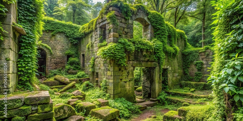 Overgrown vines and moss covering ancient stone ruins, with greenery spilling over the edges, stone, decay, landscape, vine