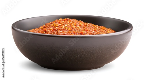 A vibrant red chili paste made from fermented chilis, with flecks of garlic and spices. Its glossy surface and thick, rich consistency make it look irresistibly spicy and flavorful. photo