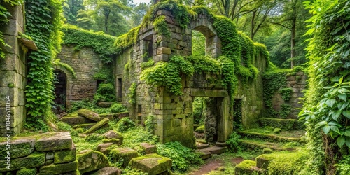 Overgrown vines and moss covering ancient stone ruins, with greenery spilling over the edges, stone, decay, landscape, vine