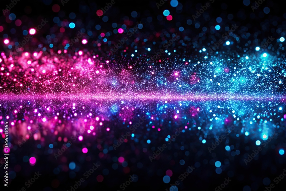 Neon sparkles reflecting in pink and blue hues on a black background