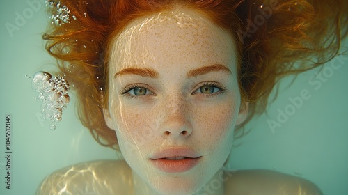 topmodel, underwater shooting, stunning shot of a gorgeous young woman with red hair, professional photography, magazine quality