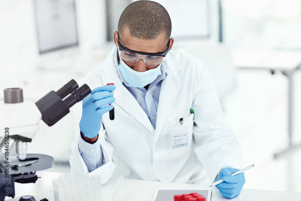 Man, scientist and blood sample at laboratory with tablet, face mask and notes for mpox vaccine trial. Person, liquid and container with thinking, ppe and app with feedback, medicine and solution Man, scientist and blood sample at laboratory with tablet, face mask and notes for mpox vaccine trial. Person, liquid and container with thinking, ppe and app with feedback, medicine and solution