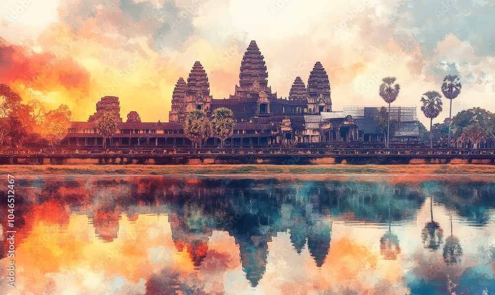 Obraz premium Watercolor Angkor Wat, an ancient temple ruins in Cambodia