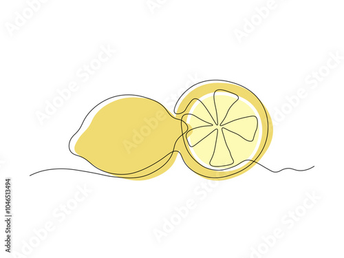 lemon fruit and a slice, continuous single line art drawing sketch, logo